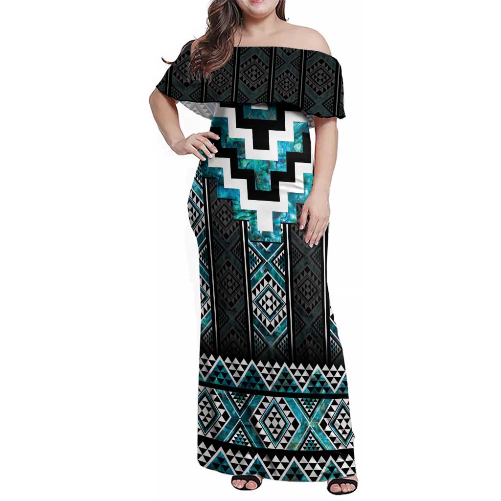 Paua Shell Taniko Pattern Aotearoa Family Matching Off Shoulder Maxi Dress and Hawaiian Shirt Niho Taniwha Mix Poutama