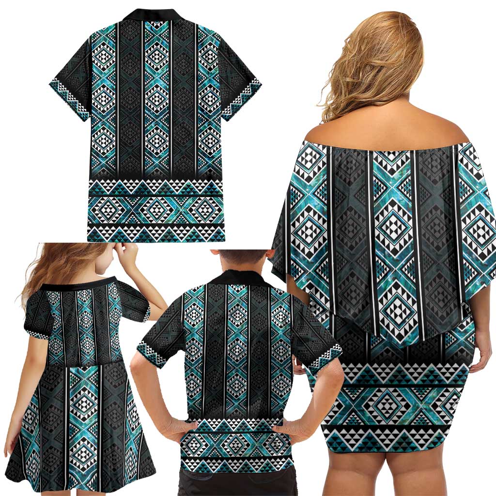 Paua Shell Taniko Pattern Aotearoa Family Matching Off Shoulder Short Dress and Hawaiian Shirt Niho Taniwha Mix Poutama LT14 - Polynesian Pride