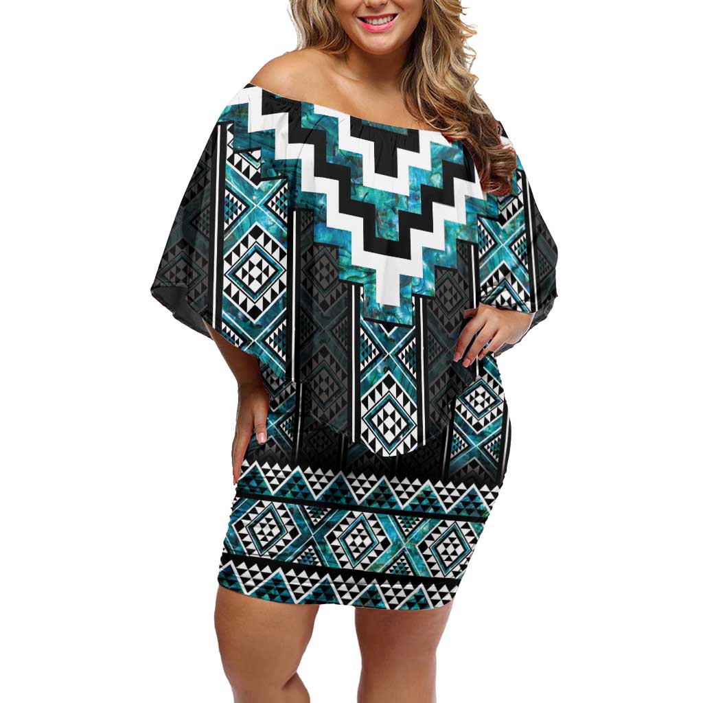 Paua Shell Taniko Pattern Aotearoa Family Matching Off Shoulder Short Dress and Hawaiian Shirt Niho Taniwha Mix Poutama LT14 Mom's Dress Turquoise - Polynesian Pride