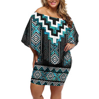 Paua Shell Taniko Pattern Aotearoa Family Matching Off Shoulder Short Dress and Hawaiian Shirt Niho Taniwha Mix Poutama LT14 Mom's Dress Turquoise - Polynesian Pride