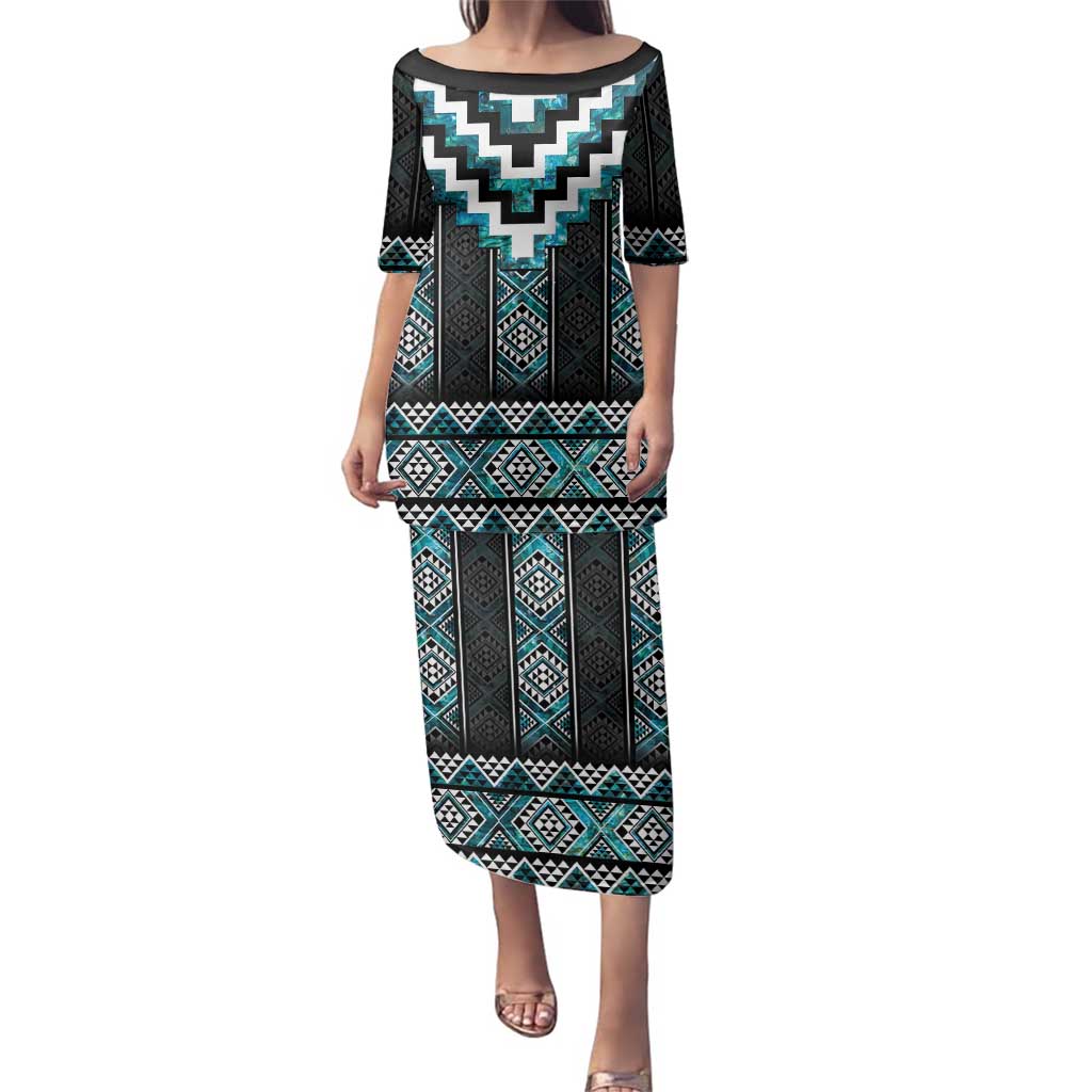 Paua Shell Taniko Pattern Aotearoa Family Matching Puletasi and Hawaiian Shirt Niho Taniwha Mix Poutama LT14 Mom's Dress Turquoise - Polynesian Pride