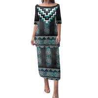 Paua Shell Taniko Pattern Aotearoa Family Matching Puletasi and Hawaiian Shirt Niho Taniwha Mix Poutama LT14 Mom's Dress Turquoise - Polynesian Pride