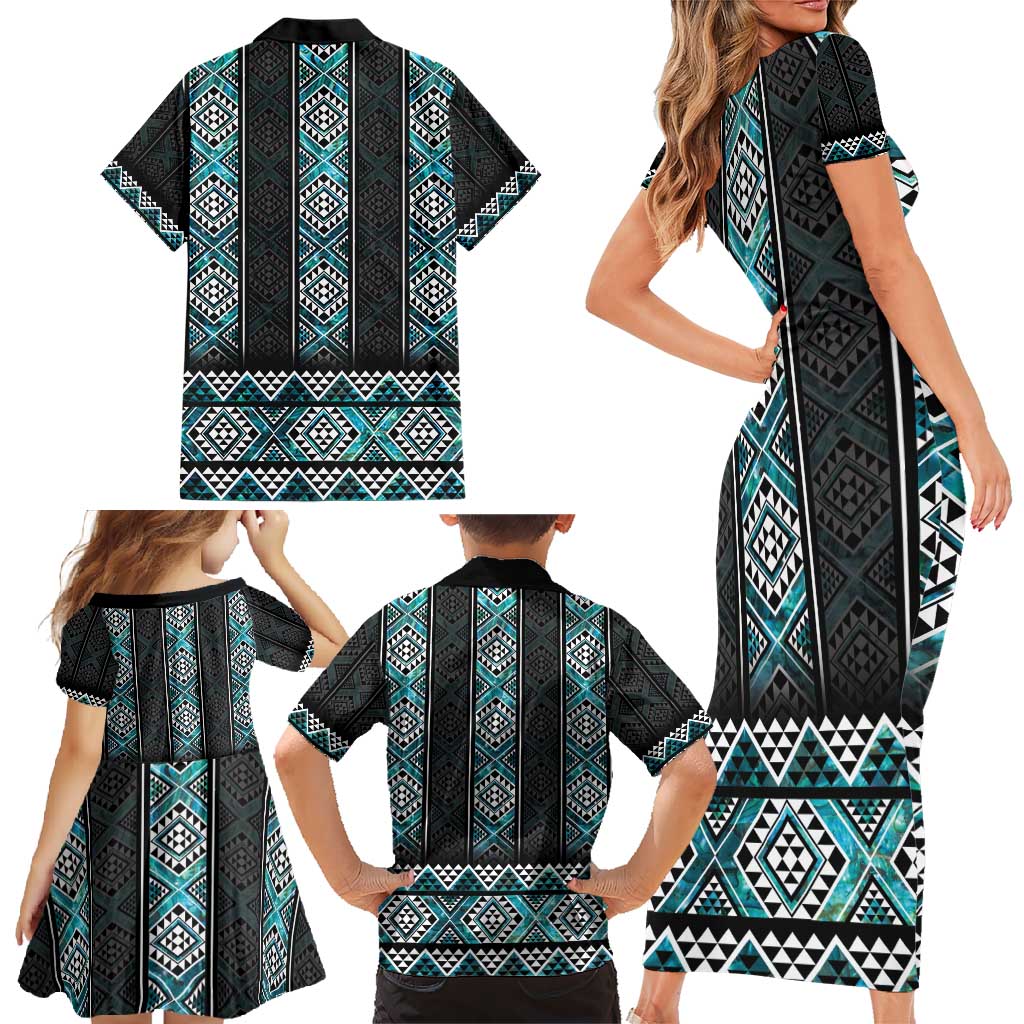 Paua Shell Taniko Pattern Aotearoa Family Matching Short Sleeve Bodycon Dress and Hawaiian Shirt Niho Taniwha Mix Poutama LT14 - Polynesian Pride