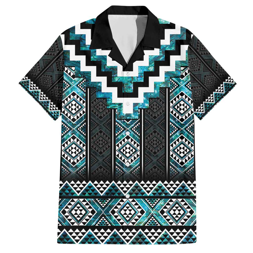Paua Shell Taniko Pattern Aotearoa Family Matching Short Sleeve Bodycon Dress and Hawaiian Shirt Niho Taniwha Mix Poutama LT14 Dad's Shirt - Short Sleeve Turquoise - Polynesian Pride