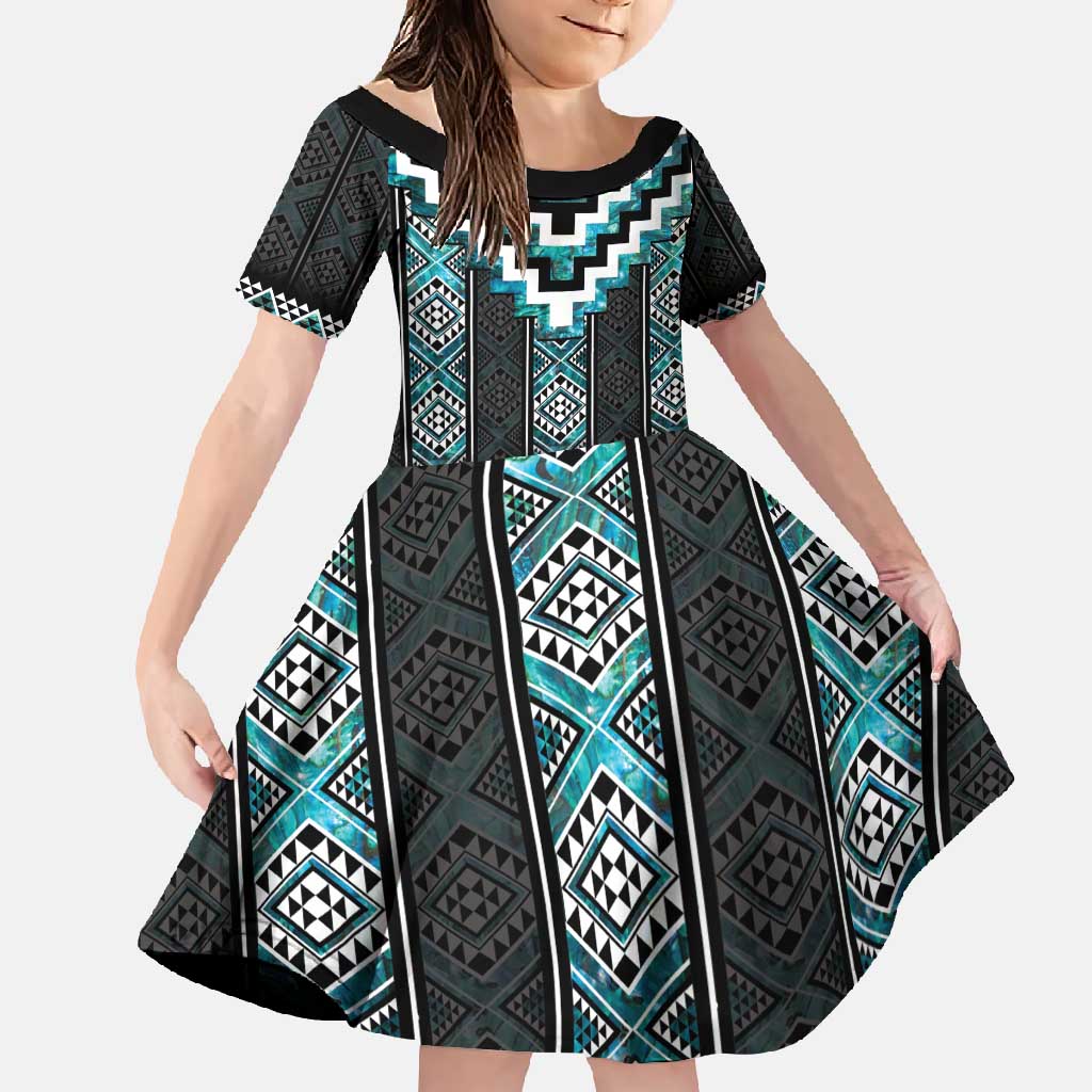 Paua Shell Taniko Pattern Aotearoa Family Matching Summer Maxi Dress and Hawaiian Shirt Niho Taniwha Mix Poutama LT14 Daughter's Dress Turquoise - Polynesian Pride