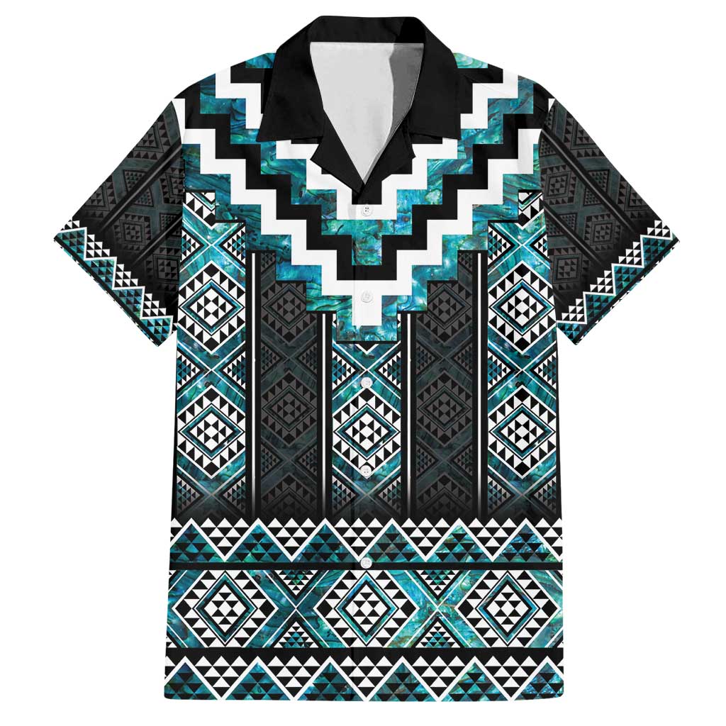 Paua Shell Taniko Pattern Aotearoa Family Matching Summer Maxi Dress and Hawaiian Shirt Niho Taniwha Mix Poutama LT14 Dad's Shirt - Short Sleeve Turquoise - Polynesian Pride