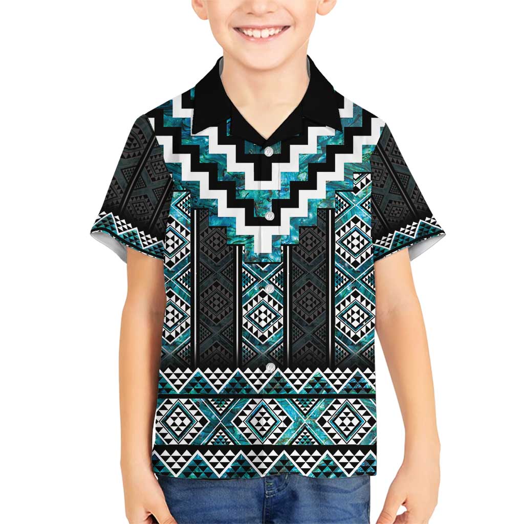 Paua Shell Taniko Pattern Aotearoa Family Matching Summer Maxi Dress and Hawaiian Shirt Niho Taniwha Mix Poutama LT14 Son's Shirt Turquoise - Polynesian Pride