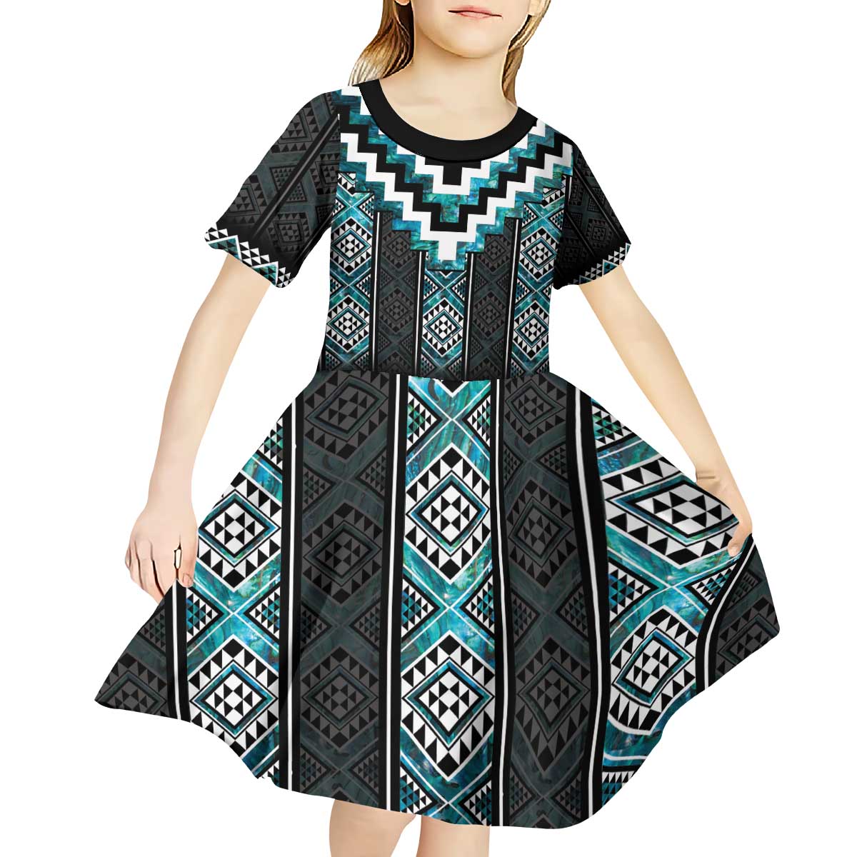 Paua Shell Taniko Pattern Aotearoa Kid Short Sleeve Dress Niho Taniwha Mix Poutama