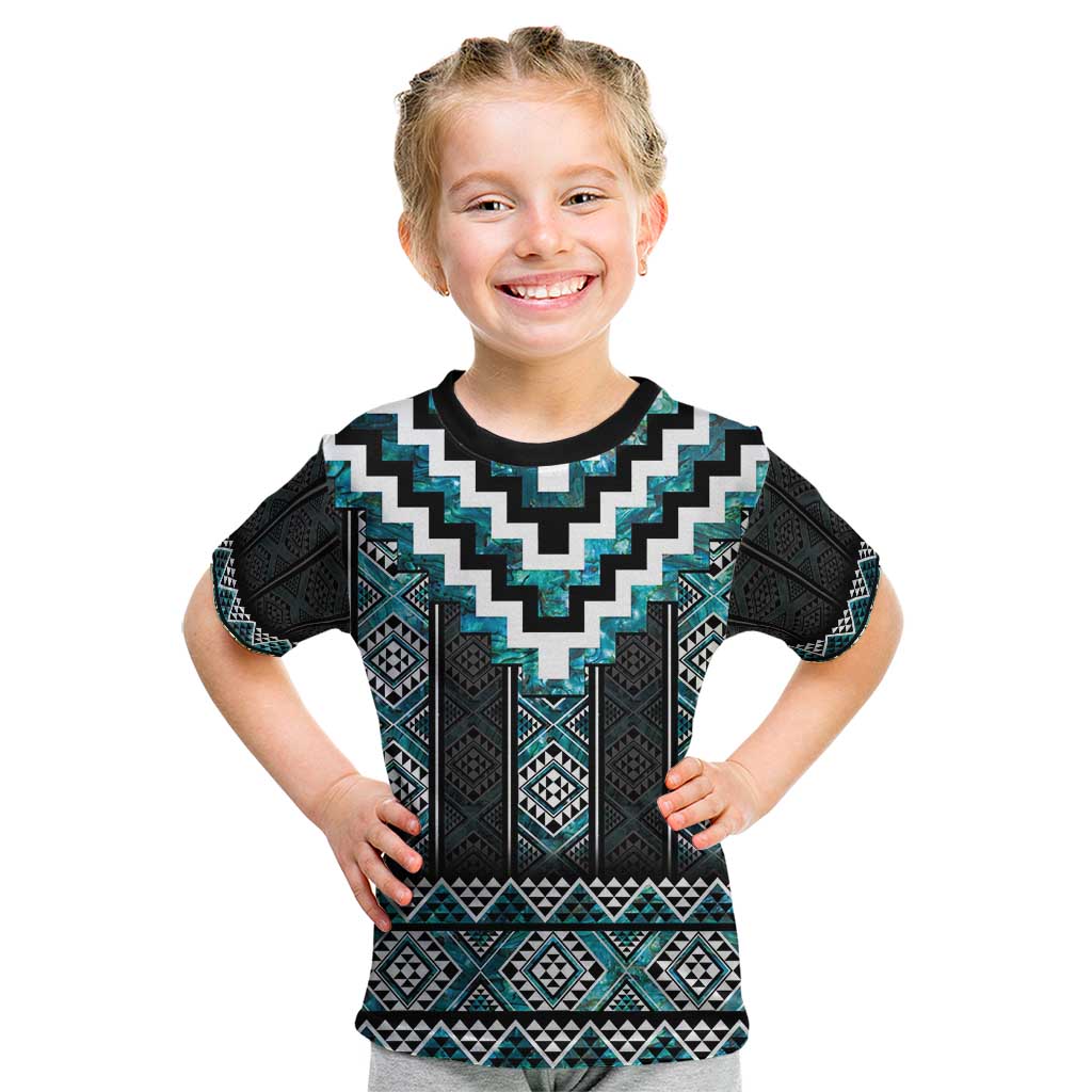 Paua Shell Taniko Pattern Aotearoa Kid T Shirt Niho Taniwha Mix Poutama LT14 Turquoise - Polynesian Pride