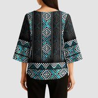 Paua Shell Taniko Pattern Aotearoa Kimono Sleeve Blouse Niho Taniwha Mix Poutama - Polynesian Pride
