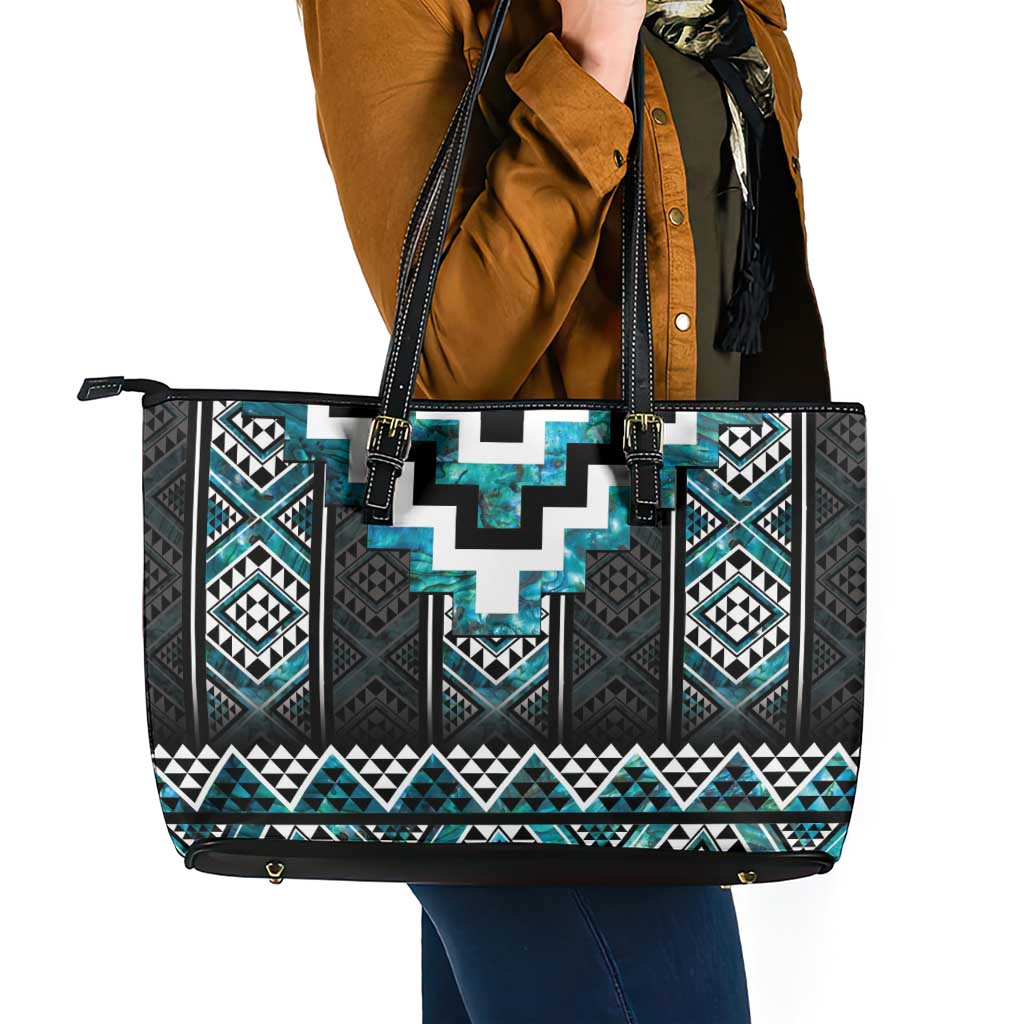 Paua Shell Taniko Pattern Aotearoa Leather Tote Bag Niho Taniwha Mix Poutama LT14 - Polynesian Pride
