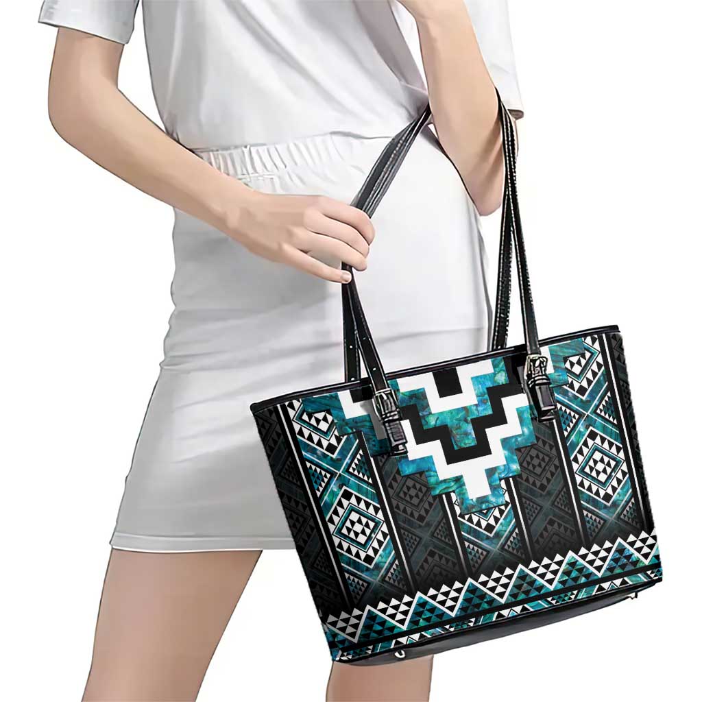 Paua Shell Taniko Pattern Aotearoa Leather Tote Bag Niho Taniwha Mix Poutama LT14 - Polynesian Pride