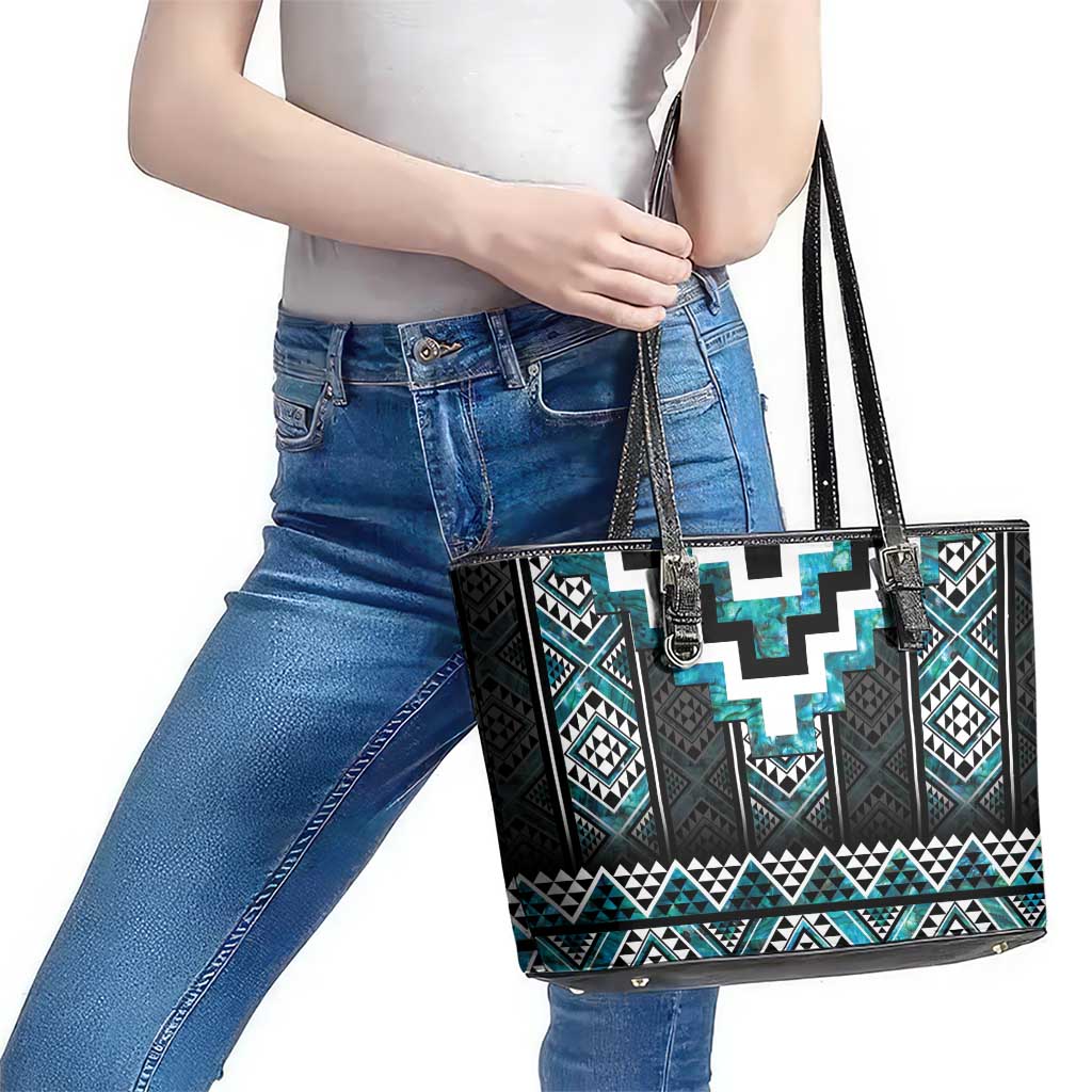 Paua Shell Taniko Pattern Aotearoa Leather Tote Bag Niho Taniwha Mix Poutama LT14 - Polynesian Pride