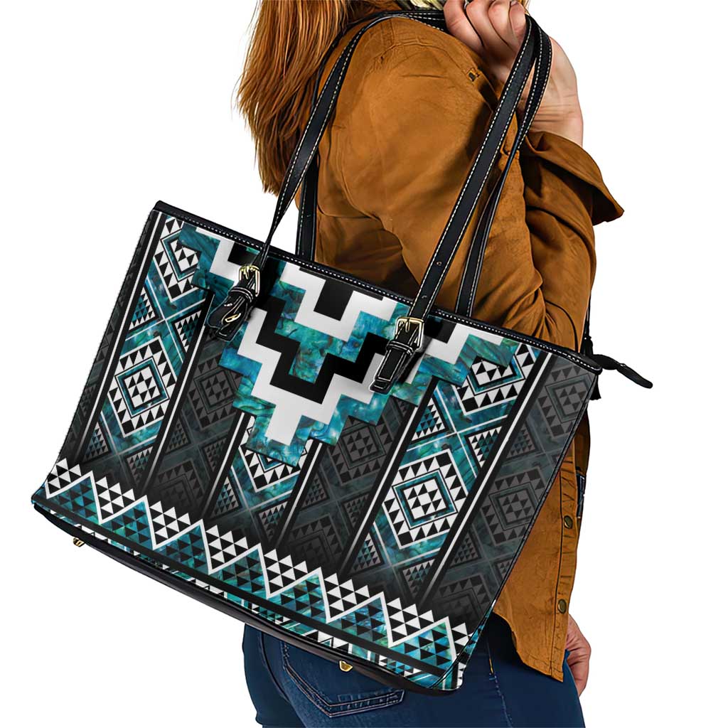 Paua Shell Taniko Pattern Aotearoa Leather Tote Bag Niho Taniwha Mix Poutama LT14 - Polynesian Pride
