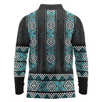 Paua Shell Taniko Pattern Aotearoa Long Sleeve Polo Shirt Niho Taniwha Mix Poutama LT14 - Polynesian Pride
