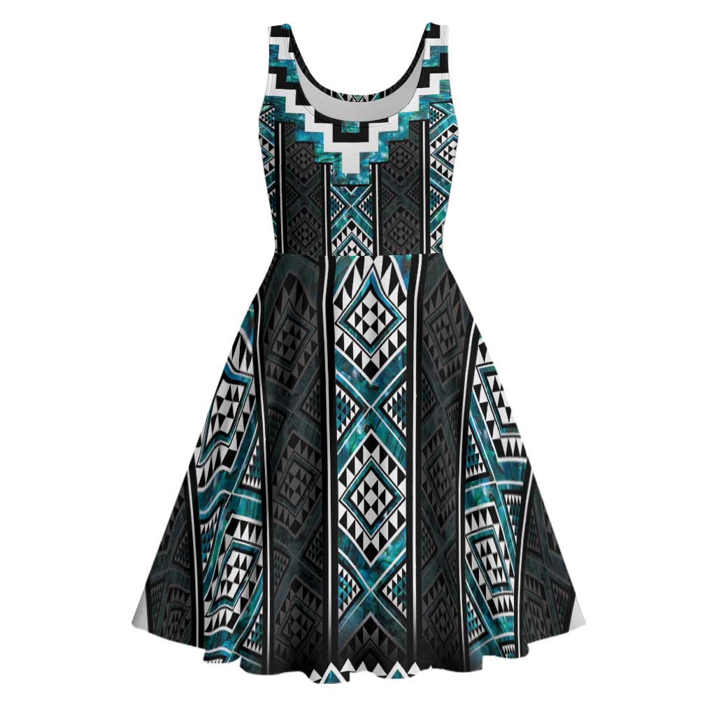 Paua Shell Taniko Pattern Aotearoa Midi Dress Niho Taniwha Mix Poutama LT14 Turquoise - Polynesian Pride