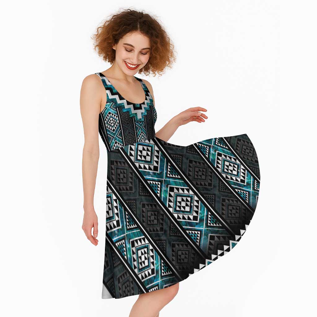 Paua Shell Taniko Pattern Aotearoa Midi Dress Niho Taniwha Mix Poutama LT14 - Polynesian Pride