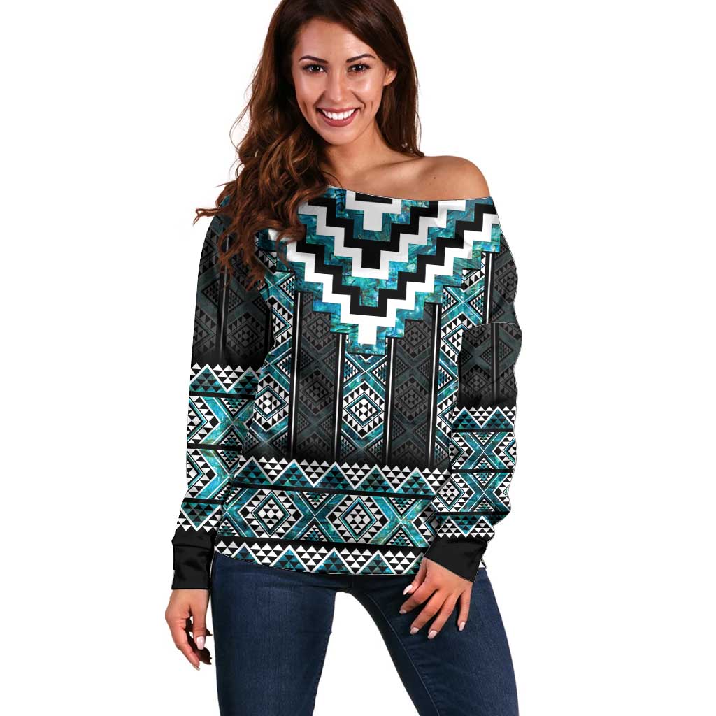 Paua Shell Taniko Pattern Aotearoa Off Shoulder Sweater Niho Taniwha Mix Poutama