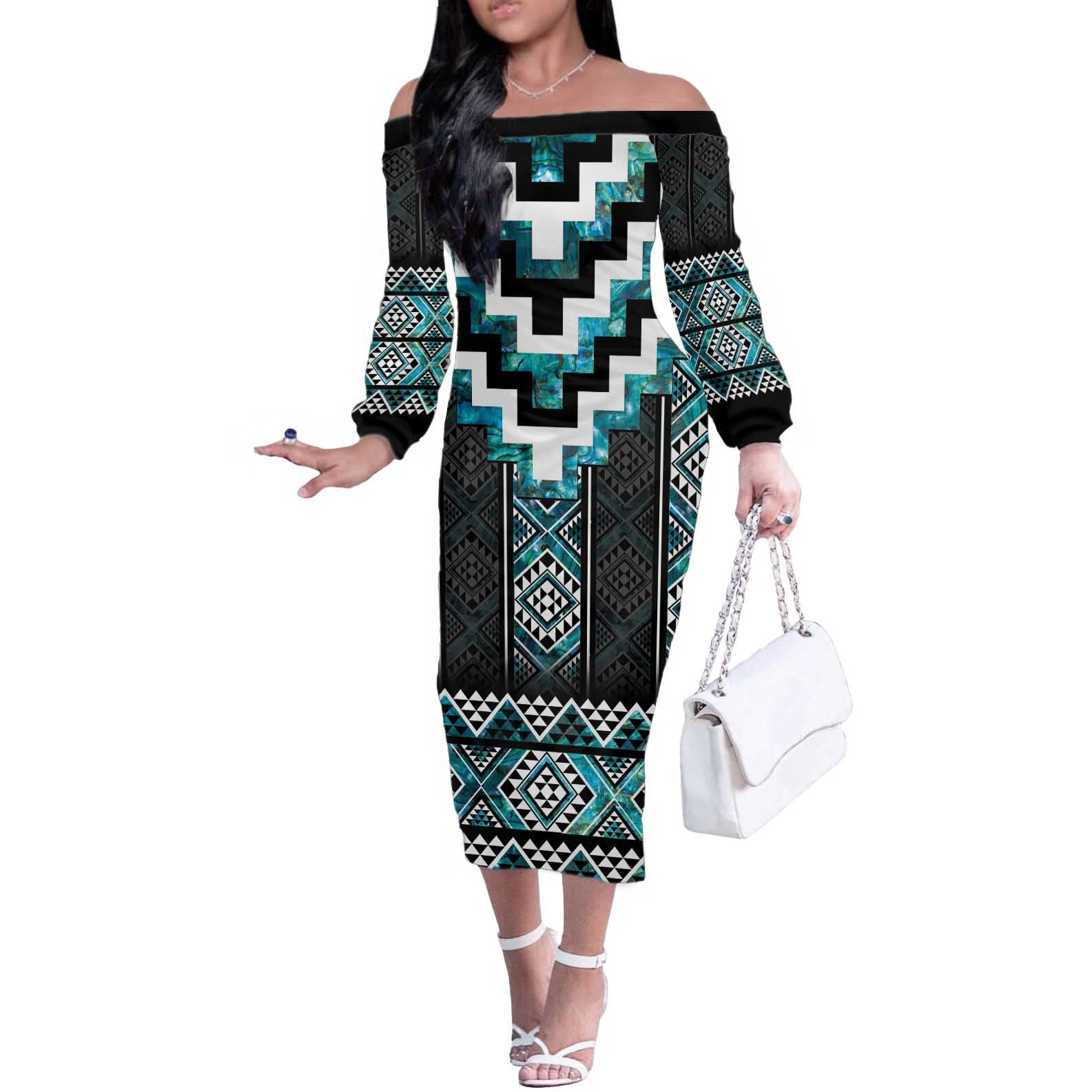Paua Shell Taniko Pattern Aotearoa Off The Shoulder Long Sleeve Dress Niho Taniwha Mix Poutama