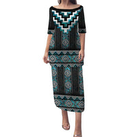 Paua Shell Taniko Pattern Aotearoa Puletasi Niho Taniwha Mix Poutama LT14 Long Dress Turquoise - Polynesian Pride