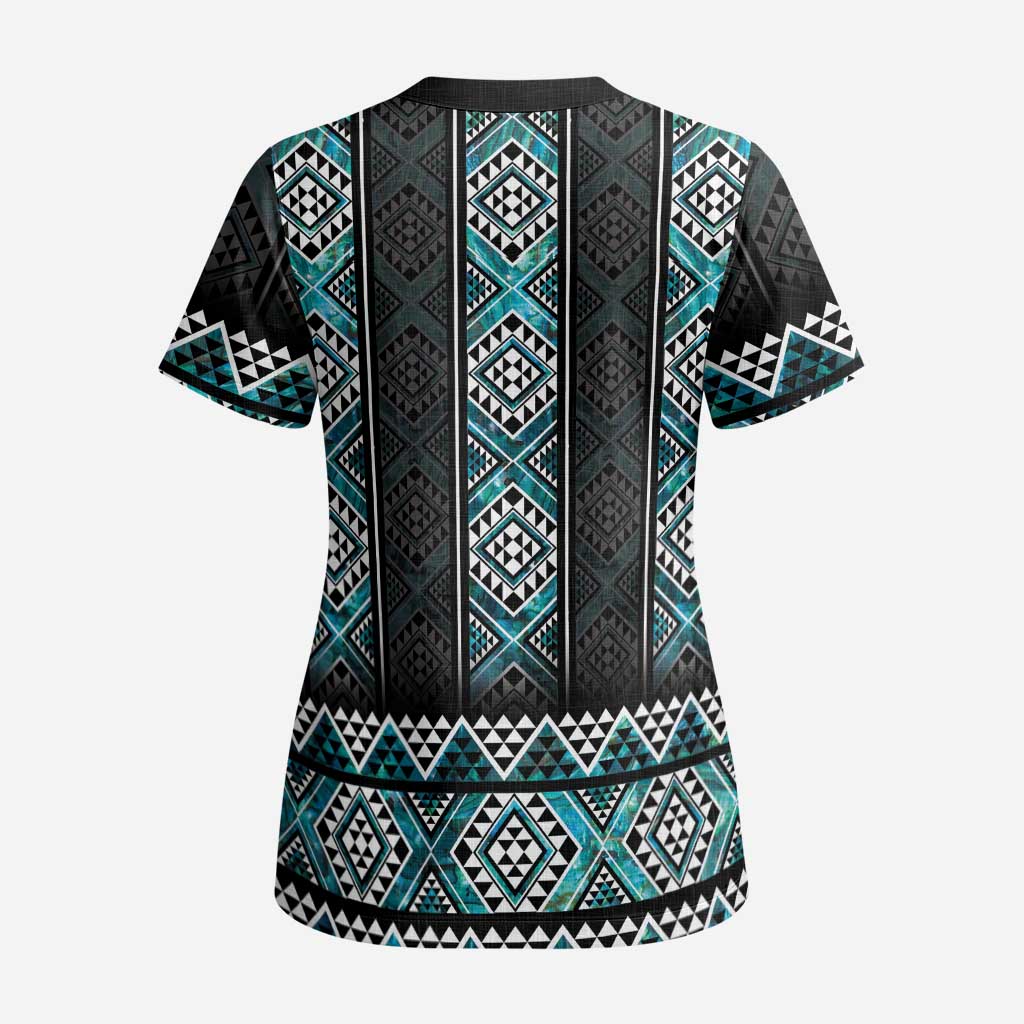 Paua Shell Taniko Pattern Aotearoa Scrub Top Niho Taniwha Mix Poutama - Polynesian Pride