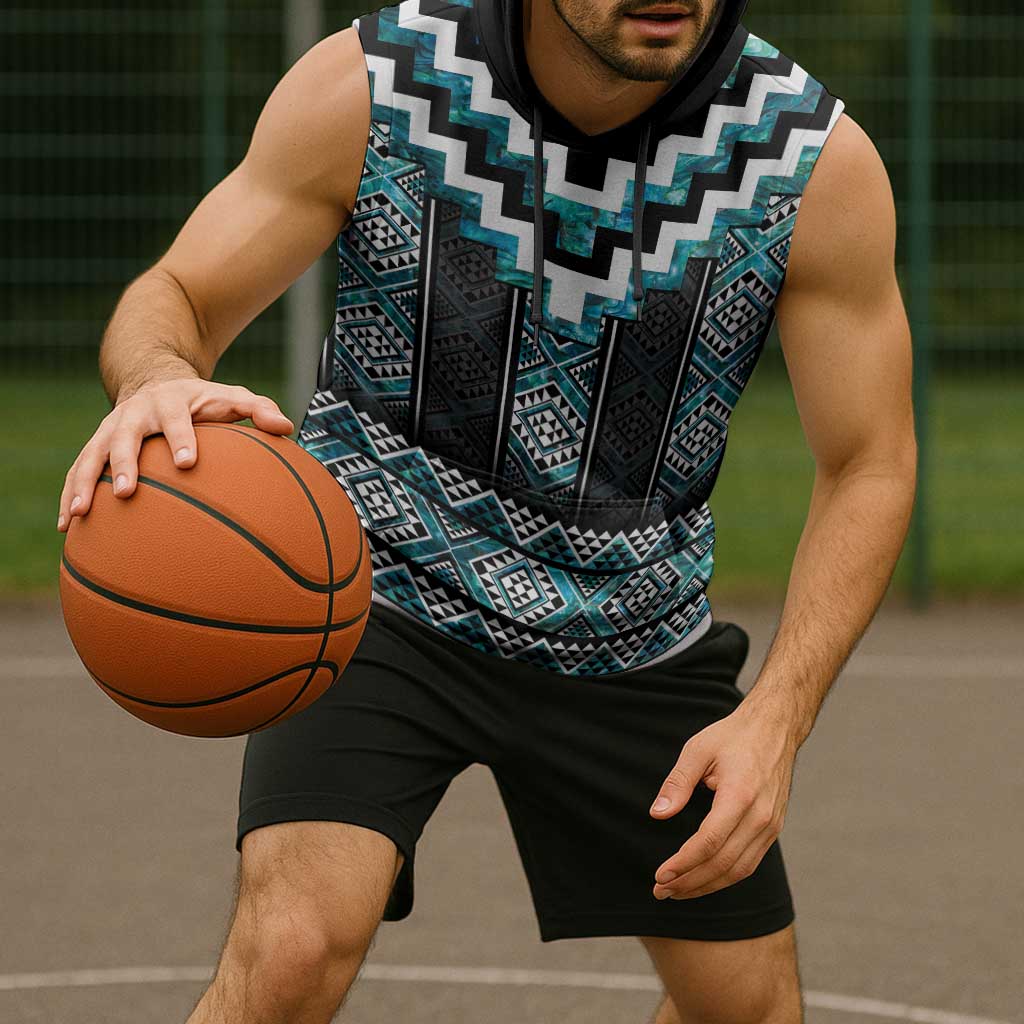 Paua Shell Taniko Pattern Aotearoa Sleeveless Hoodie Niho Taniwha Mix Poutama - Polynesian Pride