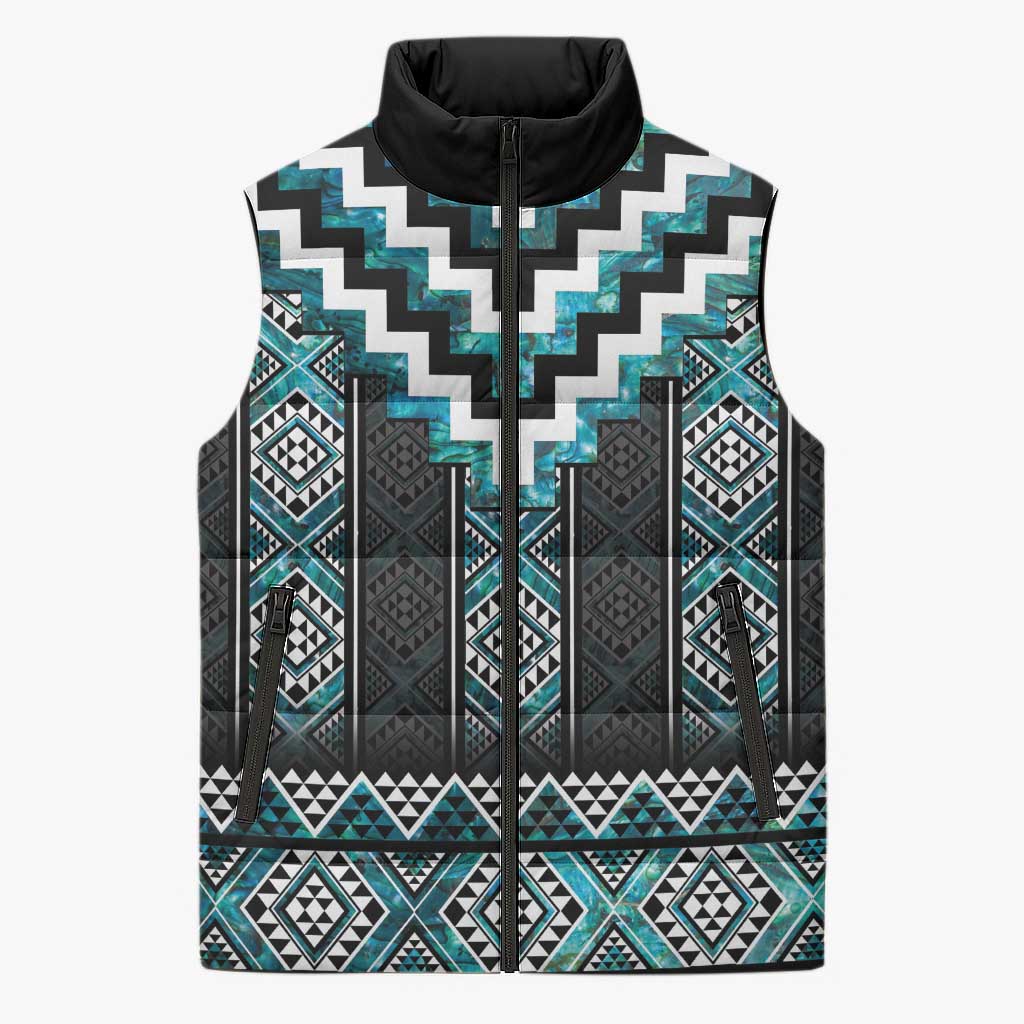 Paua Shell Taniko Pattern Aotearoa Sleeveless Puffer Jacket Niho Taniwha Mix Poutama - Polynesian Pride