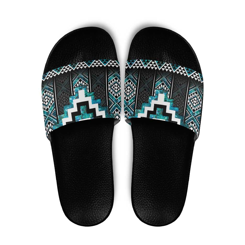 Paua Shell Taniko Pattern Aotearoa Slide Sandals Niho Taniwha Mix Poutama LT14 Turquoise - Polynesian Pride