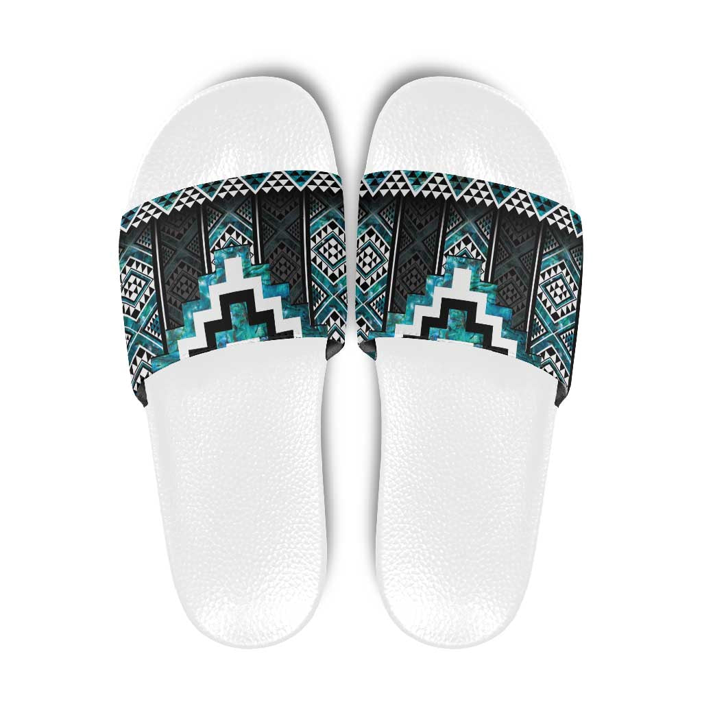 Paua Shell Taniko Pattern Aotearoa Slide Sandals Niho Taniwha Mix Poutama LT14 Turquoise - Polynesian Pride