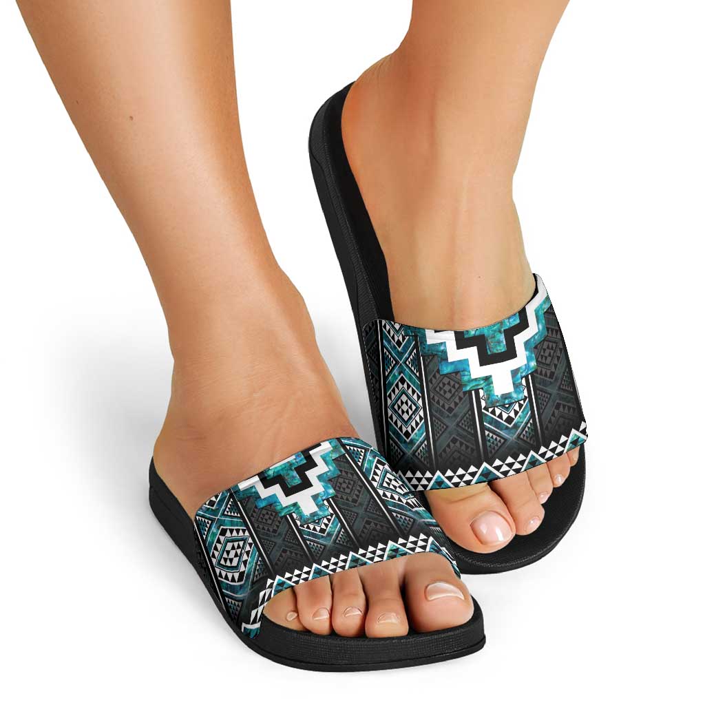 Paua Shell Taniko Pattern Aotearoa Slide Sandals Niho Taniwha Mix Poutama LT14 - Polynesian Pride
