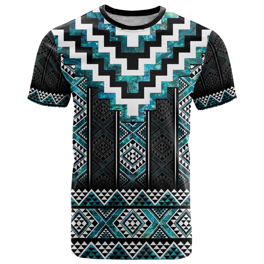 Paua Shell Taniko Pattern Aotearoa T Shirt Niho Taniwha Mix Poutama LT14 Turquoise - Polynesian Pride