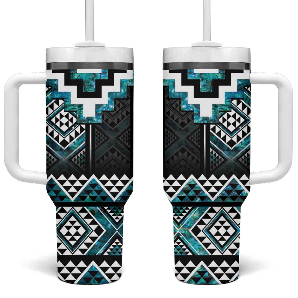 Paua Shell Taniko Pattern Aotearoa Tumbler With Handle Niho Taniwha Mix Poutama LT14 One Size: 40 oz Turquoise - Polynesian Pride