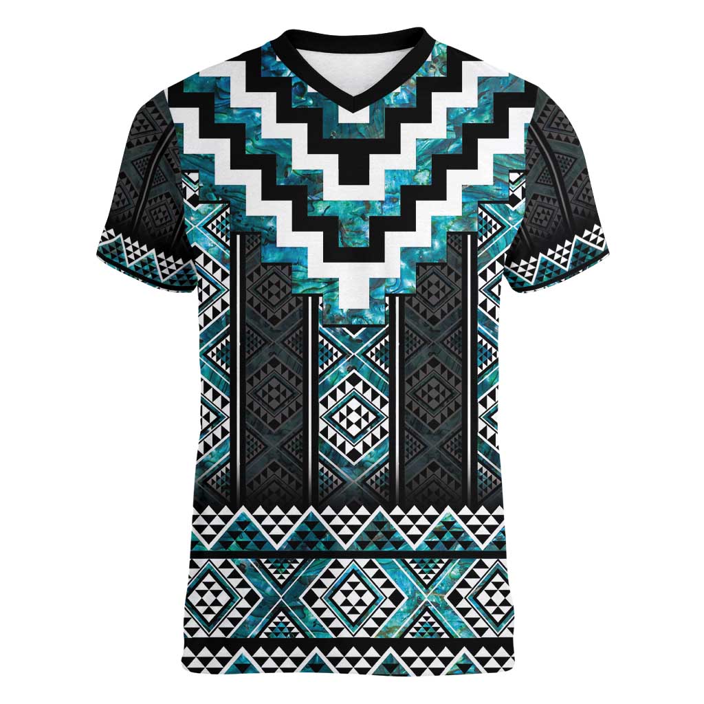 Paua Shell Taniko Pattern Aotearoa Women V-Neck T-Shirt Niho Taniwha Mix Poutama LT14 Female Turquoise - Polynesian Pride
