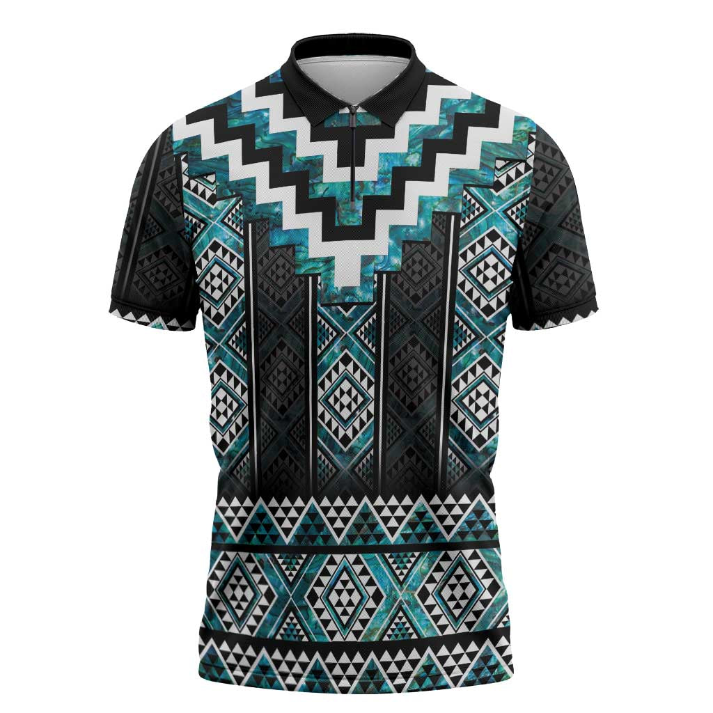Paua Shell Taniko Pattern Aotearoa Zipper Polo Shirt Niho Taniwha Mix Poutama - Polynesian Pride