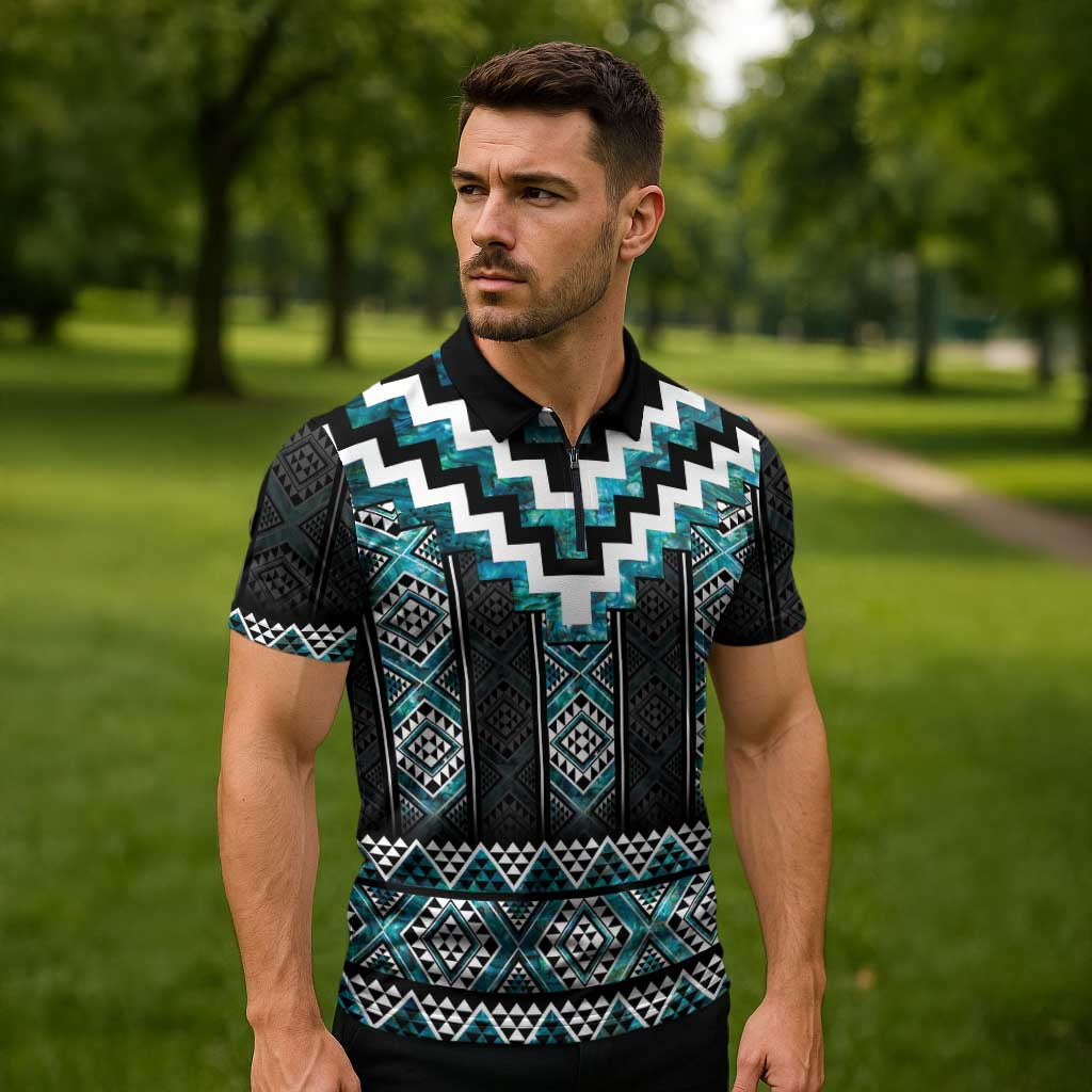 Paua Shell Taniko Pattern Aotearoa Zipper Polo Shirt Niho Taniwha Mix Poutama - Polynesian Pride