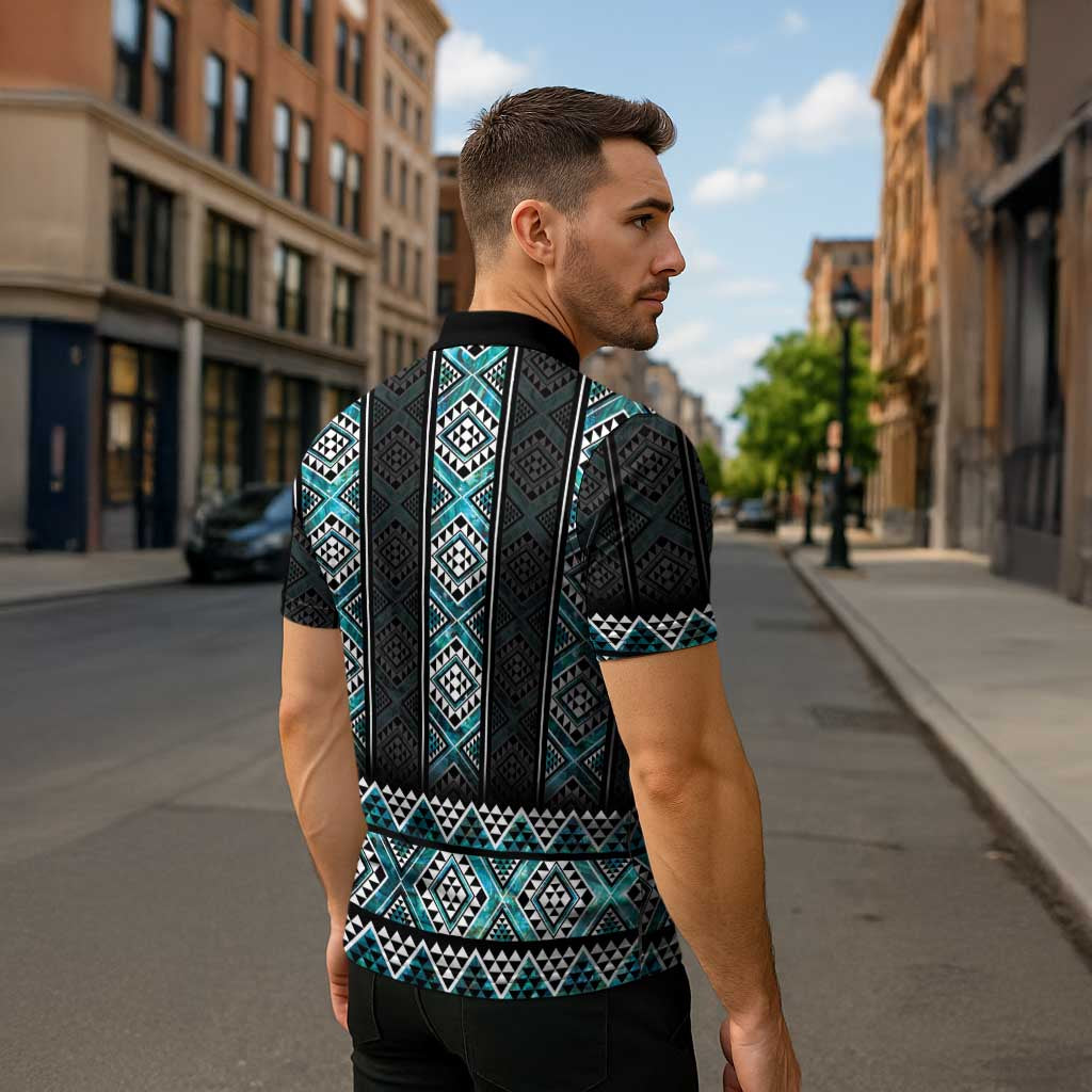 Paua Shell Taniko Pattern Aotearoa Zipper Polo Shirt Niho Taniwha Mix Poutama - Polynesian Pride