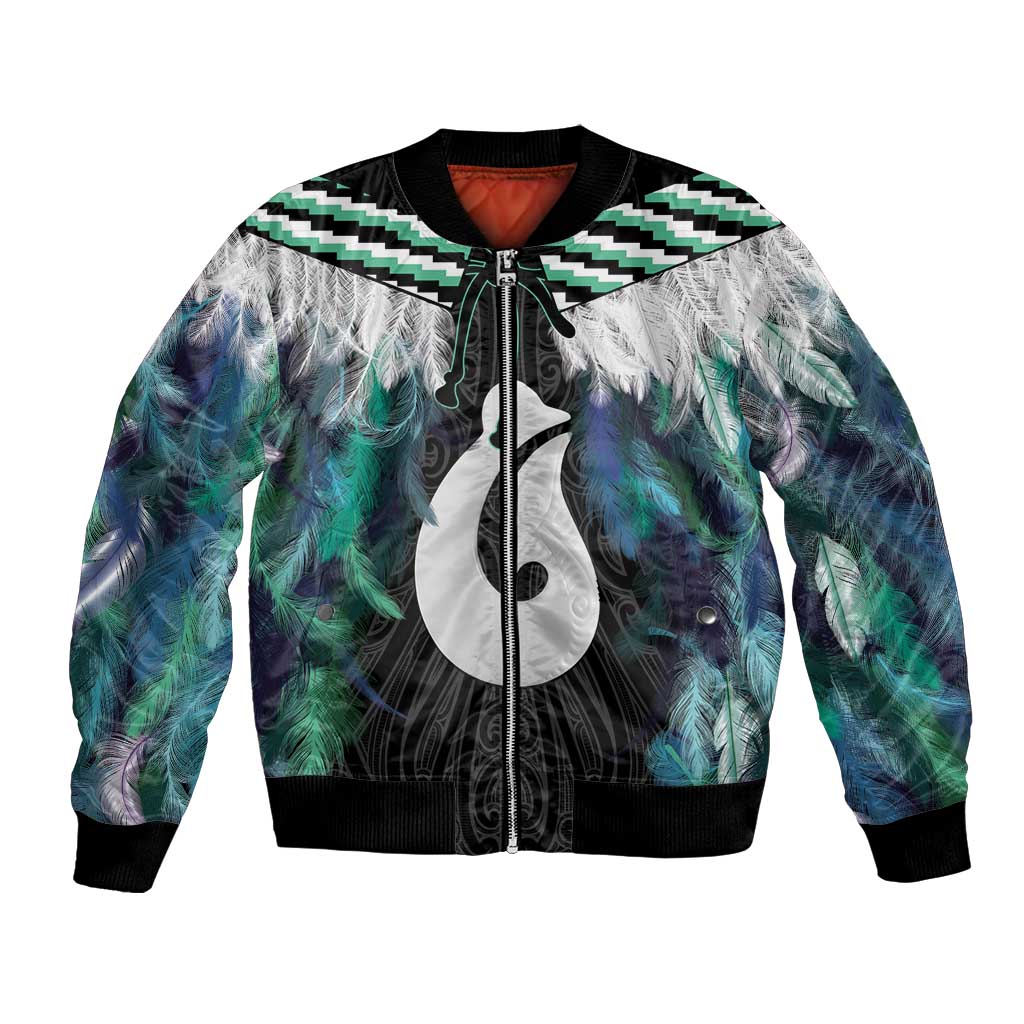 Aotearoa Korowai Motif Bomber Jacket Hei Matau Poutama Maori Pattern LT14 Unisex Turquoise - Polynesian Pride