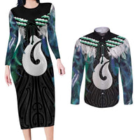 Aotearoa Korowai Motif Couples Matching Long Sleeve Bodycon Dress and Long Sleeve Button Shirt Hei Matau Poutama Maori Pattern LT14 Turquoise - Polynesian Pride