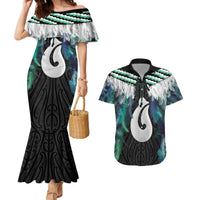 Aotearoa Korowai Motif Couples Matching Mermaid Dress and Hawaiian Shirt Hei Matau Poutama Maori Pattern LT14 Turquoise - Polynesian Pride