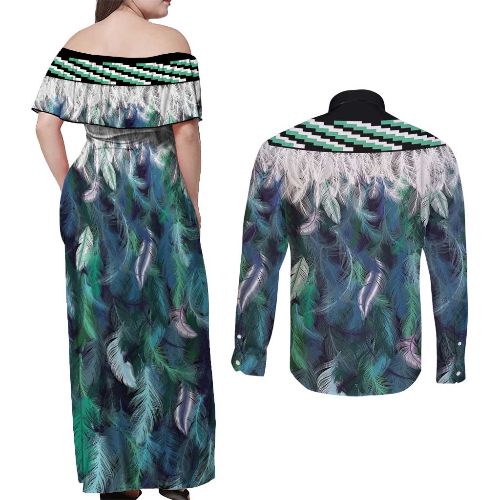 Aotearoa Korowai Motif Couples Matching Off Shoulder Maxi Dress and Long Sleeve Button Shirt Hei Matau Poutama Maori Pattern LT14 - Polynesian Pride