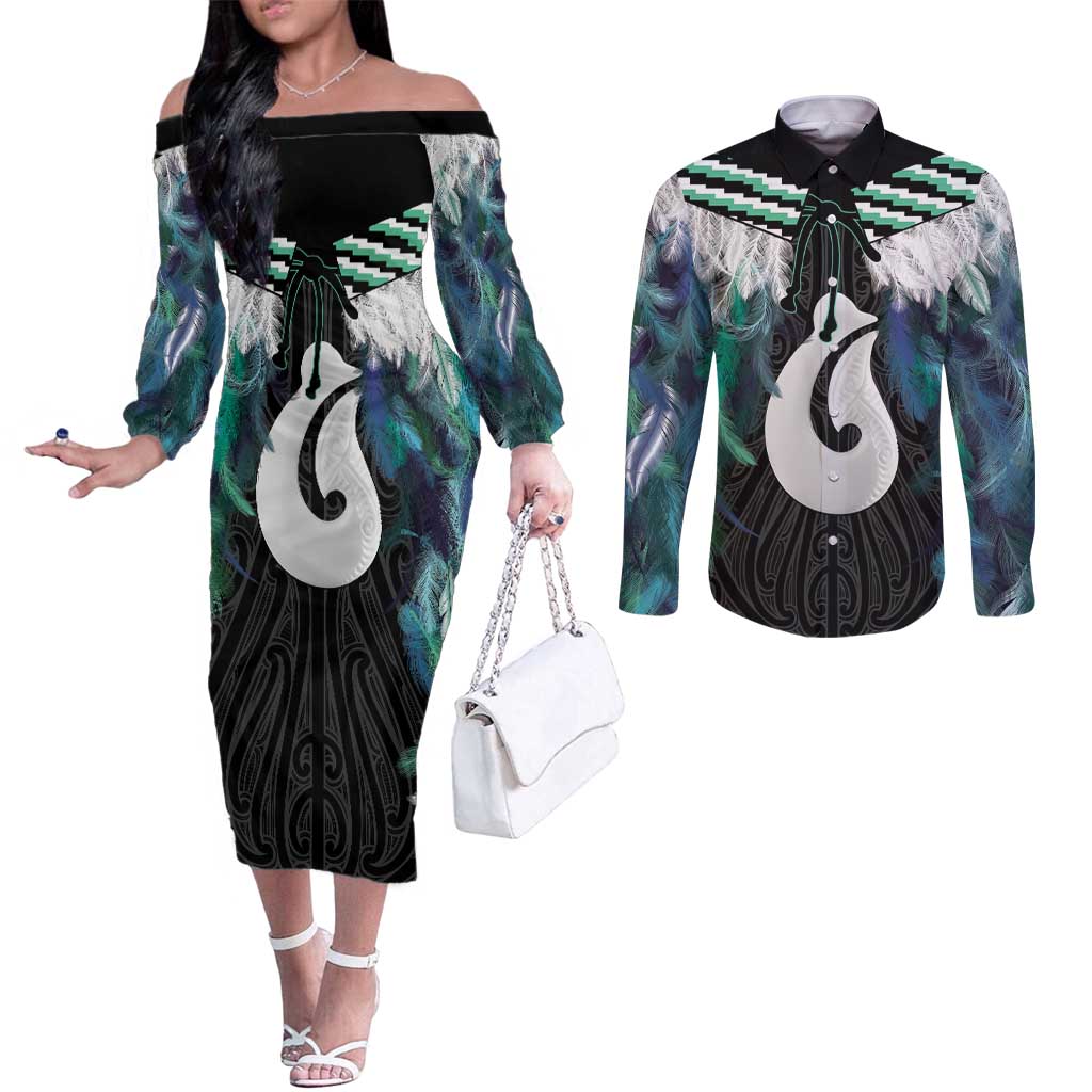 Aotearoa Korowai Motif Couples Matching Off The Shoulder Long Sleeve Dress and Long Sleeve Button Shirt Hei Matau Poutama Maori Pattern LT14 Turquoise - Polynesian Pride