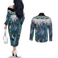 Aotearoa Korowai Motif Couples Matching Off The Shoulder Long Sleeve Dress and Long Sleeve Button Shirt Hei Matau Poutama Maori Pattern LT14 - Polynesian Pride