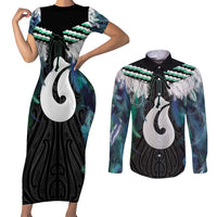 Aotearoa Korowai Motif Couples Matching Short Sleeve Bodycon Dress and Long Sleeve Button Shirt Hei Matau Poutama Maori Pattern LT14 Turquoise - Polynesian Pride