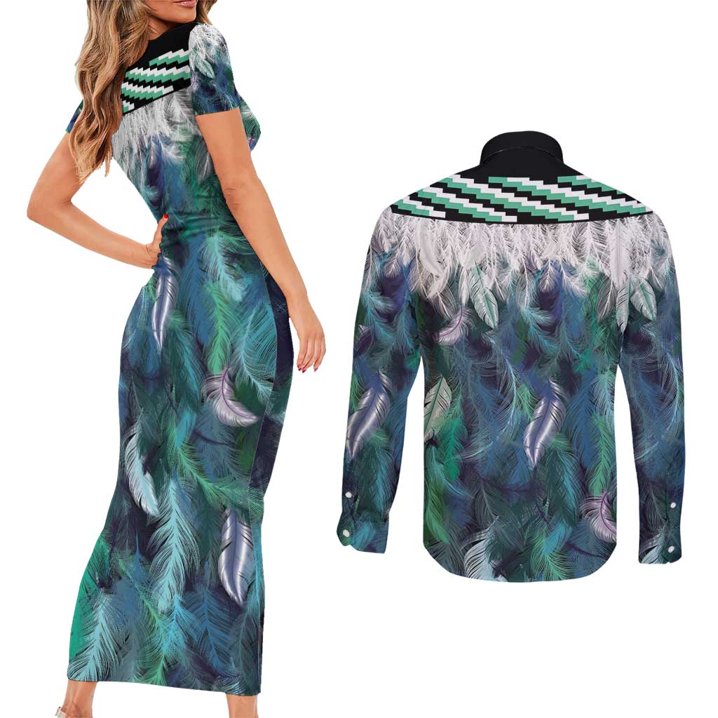 Aotearoa Korowai Motif Couples Matching Short Sleeve Bodycon Dress and Long Sleeve Button Shirt Hei Matau Poutama Maori Pattern LT14 - Polynesian Pride