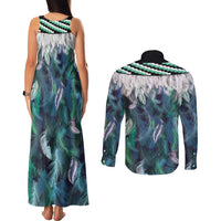 Aotearoa Korowai Motif Couples Matching Tank Maxi Dress and Long Sleeve Button Shirt Hei Matau Poutama Maori Pattern LT14 - Polynesian Pride