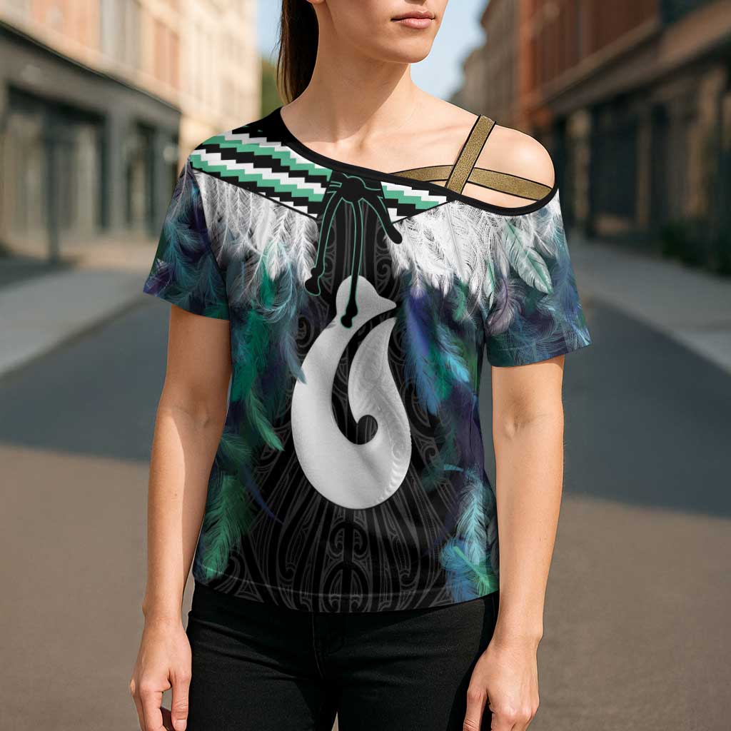 Aotearoa Korowai Motif Cross Shoulder Shirt Hei Matau Poutama Maori Pattern - Polynesian Pride