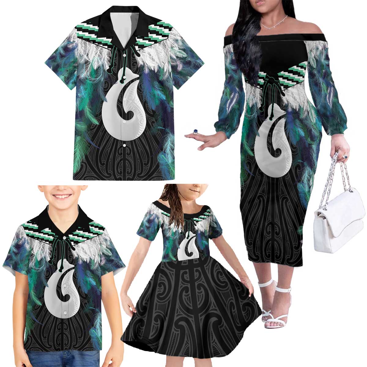 Aotearoa Korowai Motif Family Matching Off The Shoulder Long Sleeve Dress and Hawaiian Shirt Hei Matau Poutama Maori Pattern