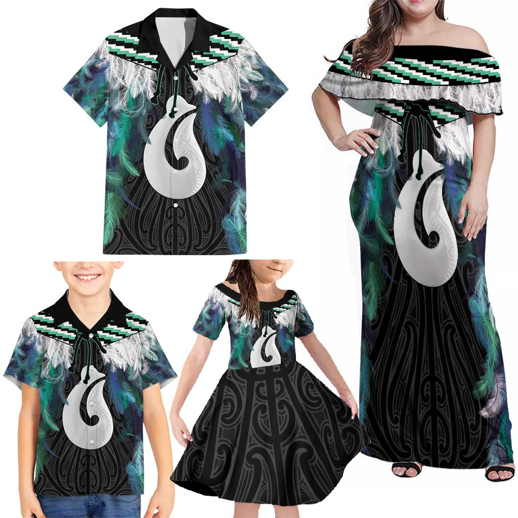 Aotearoa Korowai Motif Family Matching Off Shoulder Maxi Dress and Hawaiian Shirt Hei Matau Poutama Maori Pattern