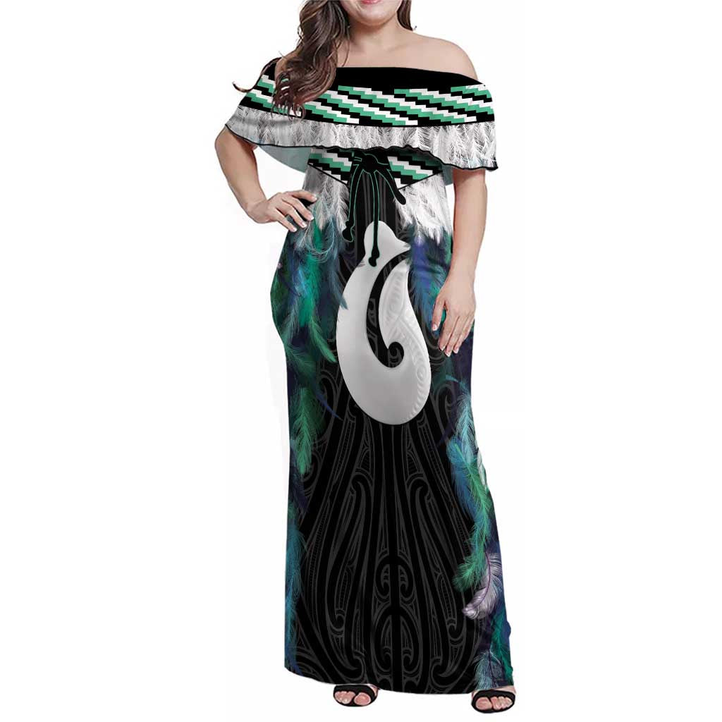 Aotearoa Korowai Motif Family Matching Off Shoulder Maxi Dress and Hawaiian Shirt Hei Matau Poutama Maori Pattern