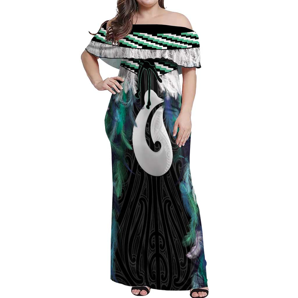 Aotearoa Korowai Motif Off Shoulder Maxi Dress Hei Matau Poutama Maori Pattern